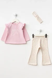 Minipodyum Baby Girl Top and Bottom Set with Frilled Shoulder Bandana and Floral Printed Tights - Image 3