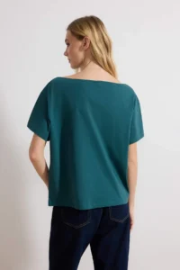 TRENDYOLMİLLA Emerald Green 100% Cotton Oversized/Wide Pattern Boat Neck Knitting T-Shirt - Image 4
