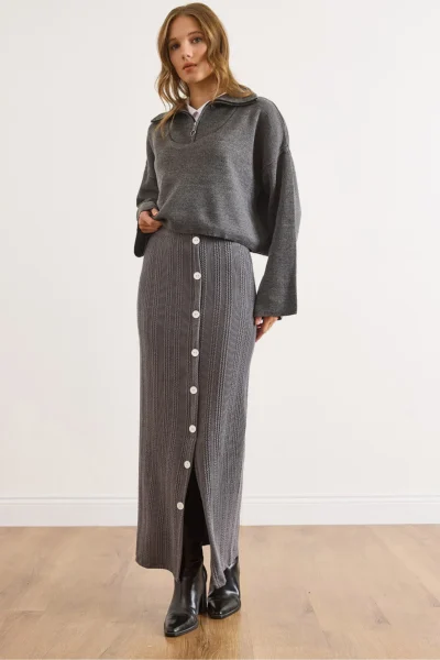 Olalook Women's Smoked Waist Elastic Waist Buttoned Slit Long Skirt