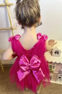 penu baby kids Fuchsia Satin Top, Big Bow on the Back, Small Bow Detail on the Shoulder, Tulle Baby Girl Dress - Image 6