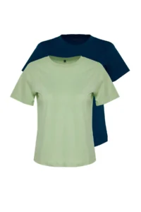 TRENDYOLMİLLA Petrol Blue Blue Blue-Mint 100% Cotton Crew Neck 2 Sets Package Knitting T-Shirt - Image 4
