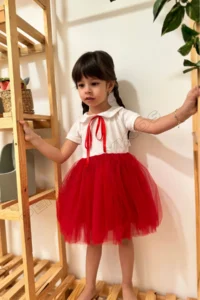 penu baby kids Red Ribbon Baby Collar Short Sleeve Baby Girl Dress - Heidi - Image 2