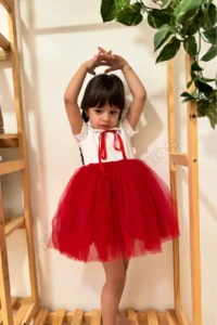 penu baby kids Red Ribbon Baby Collar Short Sleeve Baby Girl Dress - Heidi - Image 3