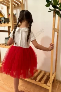 penu baby kids Red Ribbon Baby Collar Short Sleeve Baby Girl Dress - Heidi - Image 4