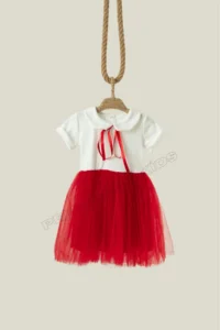 penu baby kids Red Ribbon Baby Collar Short Sleeve Baby Girl Dress - Heidi - Image 6