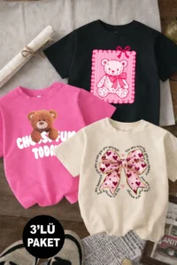 twins tailors Kudale And Teddy Bear Printed 3-Pack Pink-Black-Beige Girls' T-Shirts