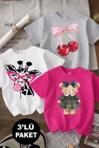 twins tailors Giraffe And Cherry Printed 3-Pack Grey-White-Pink Girls' T-Shirts