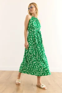 Olalook Women's Green White Floral Halter Neck Belted Woven Viscon Dress - Image 4