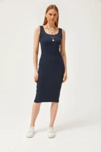 Olalook Women's Navy Blue Thick Strap Lycra Midi Dress - Image 2