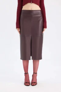 DeFacto High Waist Combed Cotton Lined Slit Midi Faux Leather Claret Red Pencil Skirt - Image 7
