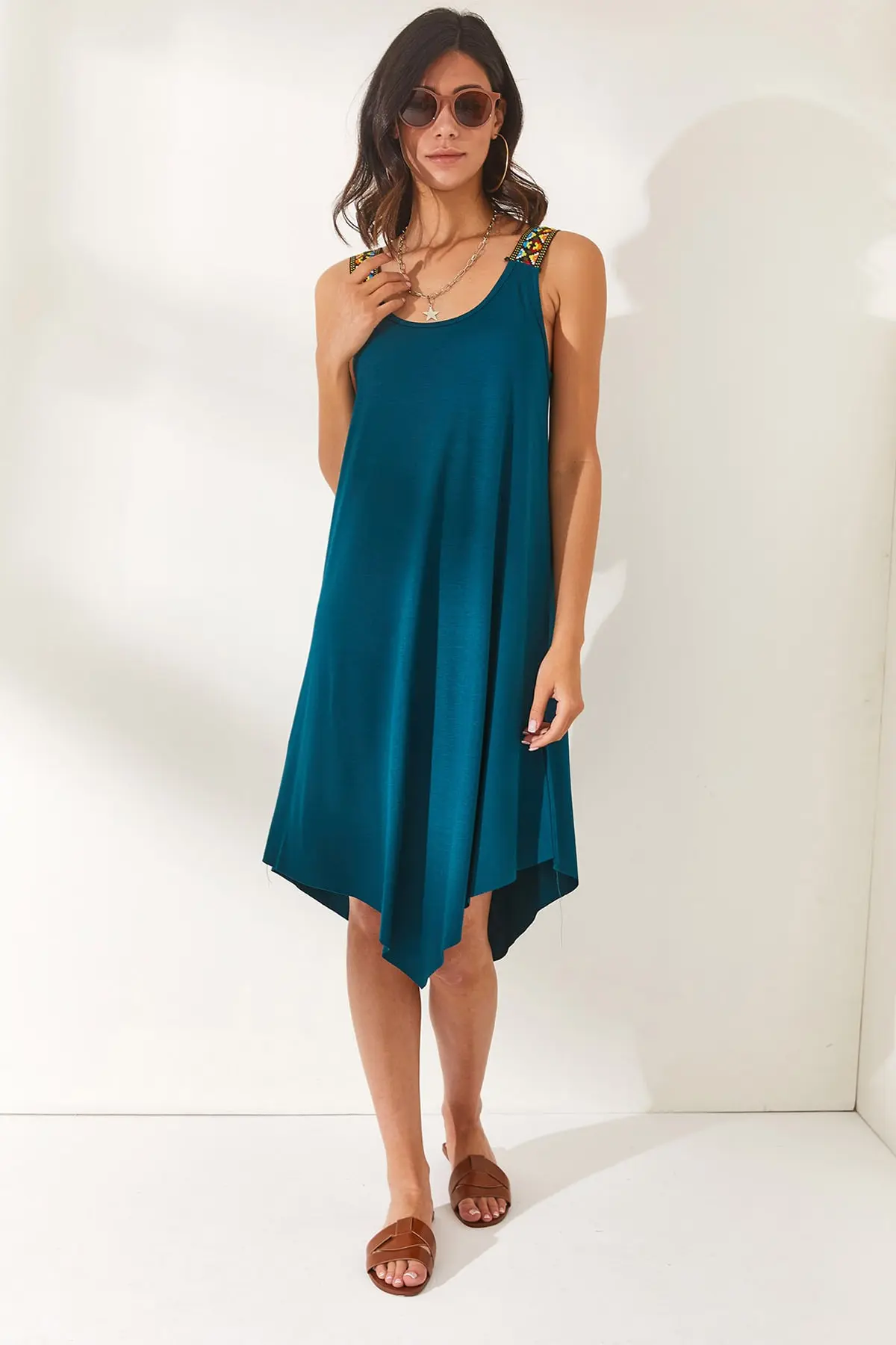 Olalook Women's Petrol Green Ethnic Strappy Asymmetrical Dress