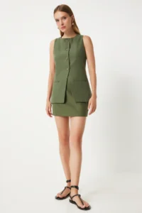 Happiness İstanbul Women Dark Sage Green Mini Weaving Skirt