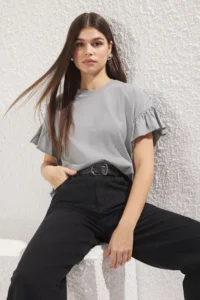 TRENDYOLMİLLA Gray 100% Cotton Ruffle Detailed Basic Crew Neck Knitting T-Shirt - Image 5
