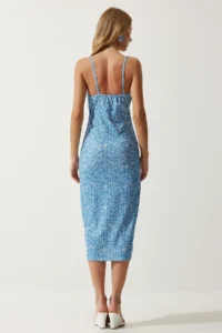 Happiness İstanbul Women's Vivid Sky Blue Floral Slit Summer Knitted Dress CI00029 - Image 5