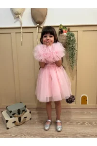 penu baby kids Pink Pompom Detailed Pearl Embellished Cotton Lined Baby Girl Dress - Image 2