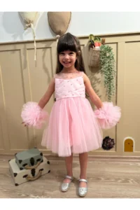 penu baby kids Pink Pompom Detailed Pearl Embellished Cotton Lined Baby Girl Dress - Image 3