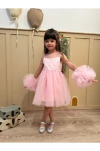 penu baby kids Pink Pompom Detailed Pearl Embellished Cotton Lined Baby Girl Dress - Image 4