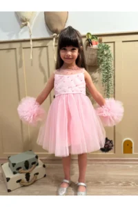 penu baby kids Pink Pompom Detailed Pearl Embellished Cotton Lined Baby Girl Dress - Image 5