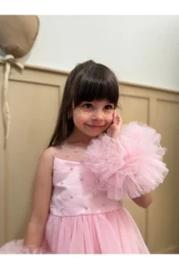 penu baby kids Pink Pompom Detailed Pearl Embellished Cotton Lined Baby Girl Dress - Image 6