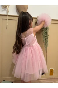 penu baby kids Pink Pompom Detailed Pearl Embellished Cotton Lined Baby Girl Dress - Image 7