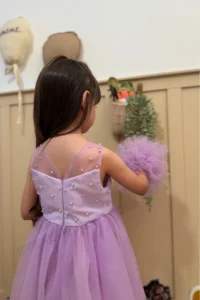 penu baby kids Lilac Pompom Detailed Pearl Embellished Cotton Lined Baby Girl Dress - Image 2