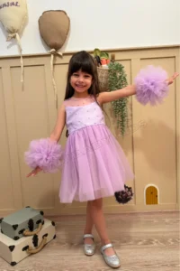 penu baby kids Lilac Pompom Detailed Pearl Embellished Cotton Lined Baby Girl Dress - Image 3