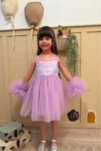 penu baby kids Lilac Pompom Detailed Pearl Embellished Cotton Lined Baby Girl Dress - Image 4