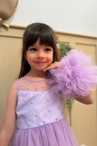 penu baby kids Lilac Pompom Detailed Pearl Embellished Cotton Lined Baby Girl Dress - Image 5