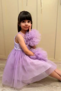 penu baby kids Lilac Pompom Detailed Pearl Embellished Cotton Lined Baby Girl Dress - Image 6