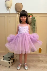 penu baby kids Lilac Pompom Detailed Pearl Embellished Cotton Lined Baby Girl Dress - Image 7