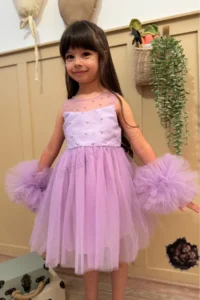 penu baby kids Lilac Pompom Detailed Pearl Embellished Cotton Lined Baby Girl Dress - Image 8