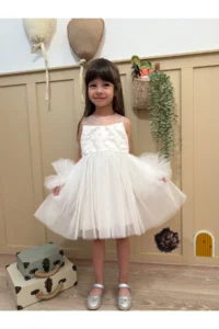 penu baby kids White Pompom Detailed Pearl Embellished Cotton Lined Baby Girl Dress