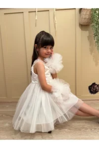 penu baby kids White Pompom Detailed Pearl Embellished Cotton Lined Baby Girl Dress - Image 2