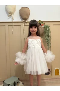 penu baby kids White Pompom Detailed Pearl Embellished Cotton Lined Baby Girl Dress - Image 3