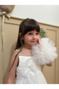 penu baby kids White Pompom Detailed Pearl Embellished Cotton Lined Baby Girl Dress - Image 4
