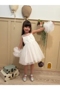 penu baby kids White Pompom Detailed Pearl Embellished Cotton Lined Baby Girl Dress - Image 5
