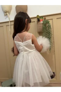 penu baby kids White Pompom Detailed Pearl Embellished Cotton Lined Baby Girl Dress - Image 7