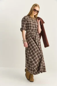 Bianco Lucci Women's Plaid Patterned Crew Neck Belted Flared Cotton Dress 5611 - Image 3