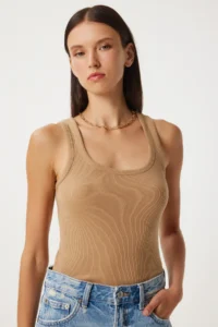 Lovelyİstanbul 2-Piece Ribbed Thick Strap Knitted Undershirt BISCUIT CREAM - Image 5