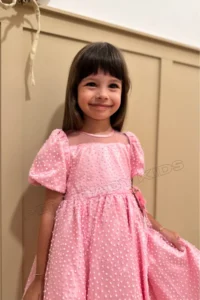 penu baby kids Pink Flower Detailed Glitter Polka Dot Balloon Sleeve Girl's Dress - Image 3