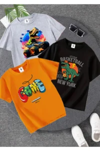 twins tailors Dinosaur Printed 3-Pack Unisex Orange-grey-black Children's T-shirt