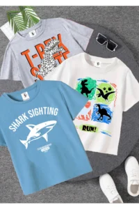 twins tailors Shark Printed 3-Pack Unisex Light Blue-Grey-White Kids T-Shirt