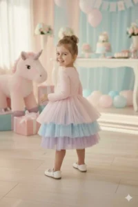 penu baby kids Pink 3 Layers Color Gradient Tulle Skirt Matte Jersey Fabric Lined Long Sleeve Baby Girl Dress