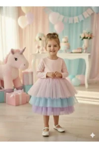penu baby kids Pink 3 Layers Color Gradient Tulle Skirt Matte Jersey Fabric Lined Long Sleeve Baby Girl Dress - Image 2