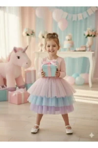 penu baby kids Pink 3 Layers Color Gradient Tulle Skirt Matte Jersey Fabric Lined Long Sleeve Baby Girl Dress - Image 3