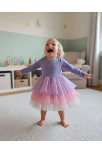 penu baby kids Lilac 3 Layer Color Gradient Tulle Skirt Matte Jersey Fabric Lined Long Sleeve Baby Girl Dress - Image 2