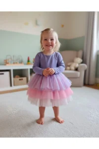 penu baby kids Lilac 3 Layer Color Gradient Tulle Skirt Matte Jersey Fabric Lined Long Sleeve Baby Girl Dress - Image 3