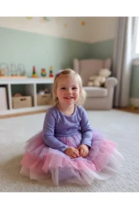 penu baby kids Lilac 3 Layer Color Gradient Tulle Skirt Matte Jersey Fabric Lined Long Sleeve Baby Girl Dress - Image 4