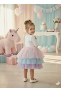 penu baby kids White 3 Layers Color Gradient Tulle Skirt Matte Jersey Fabric Lined Long Sleeve Baby Girl Dress