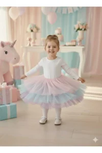 penu baby kids White 3 Layers Color Gradient Tulle Skirt Matte Jersey Fabric Lined Long Sleeve Baby Girl Dress - Image 2
